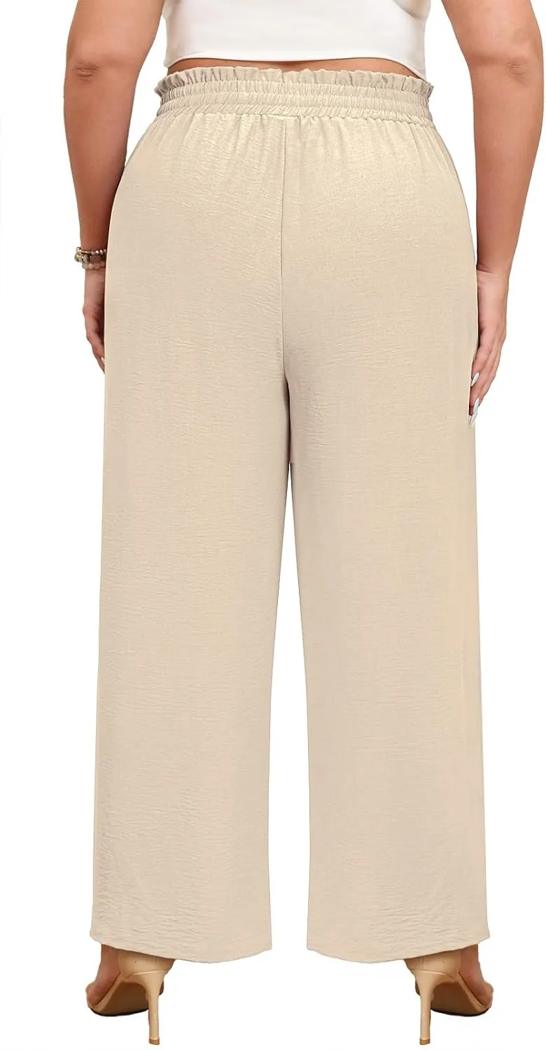 Lastshe Women's Plus Size Wide Leg Pants Elastic Waist Hide Drawstring Loose Work Pants Palazzo Trousers with Pockets