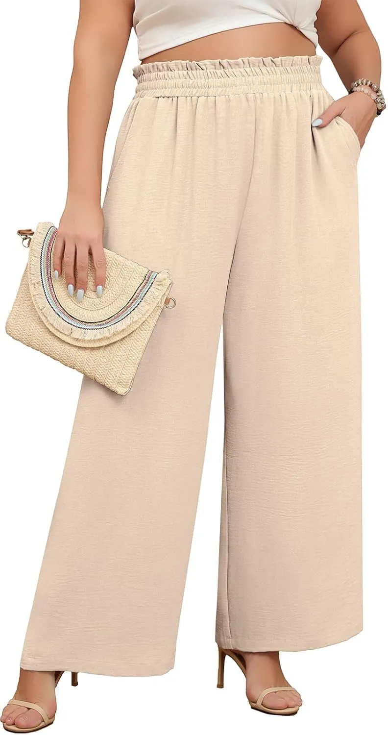 Lastshe Women's Plus Size Wide Leg Pants Elastic Waist Hide Drawstring Loose Work Pants Palazzo Trousers with Pockets