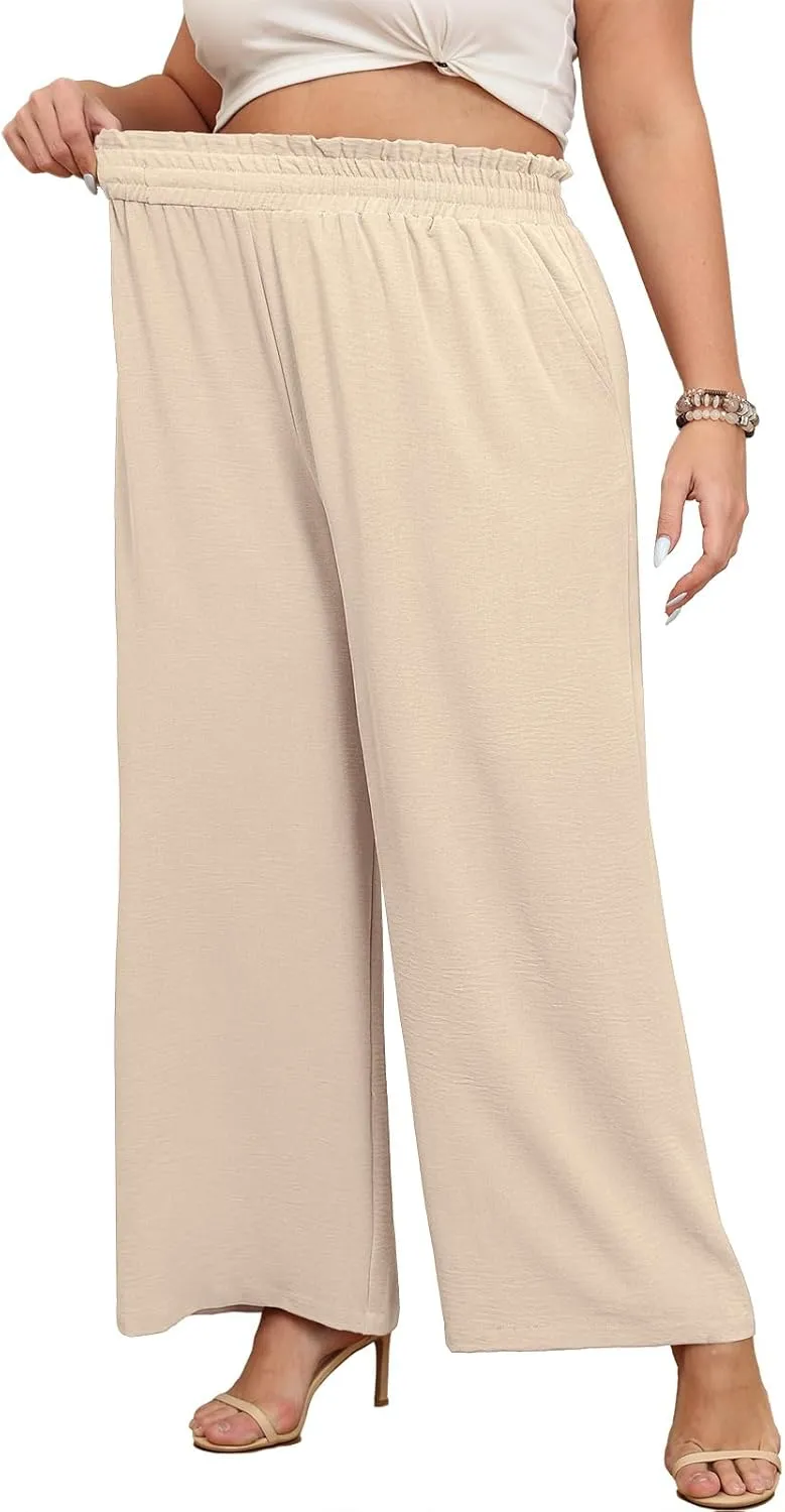 Lastshe Women's Plus Size Wide Leg Pants Elastic Waist Hide Drawstring Loose Work Pants Palazzo Trousers with Pockets