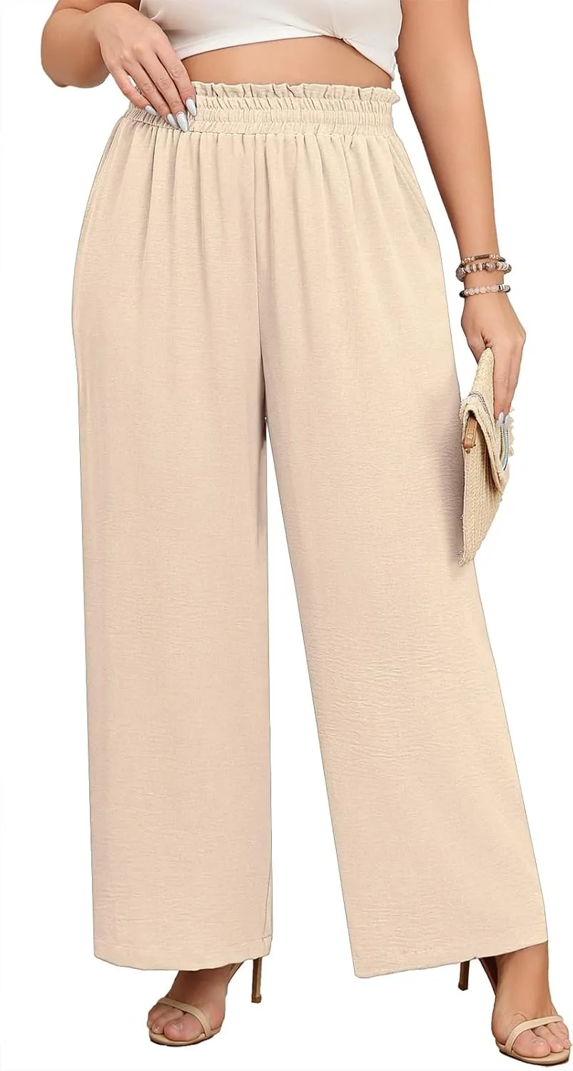 Lastshe Women's Plus Size Wide Leg Pants Elastic Waist Hide Drawstring Loose Work Pants Palazzo Trousers with Pockets