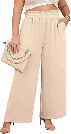 Lastshe Women's Plus Size Wide Leg Pants Elastic Waist Hide Drawstring Loose Work Pants Palazzo Trousers with Pockets