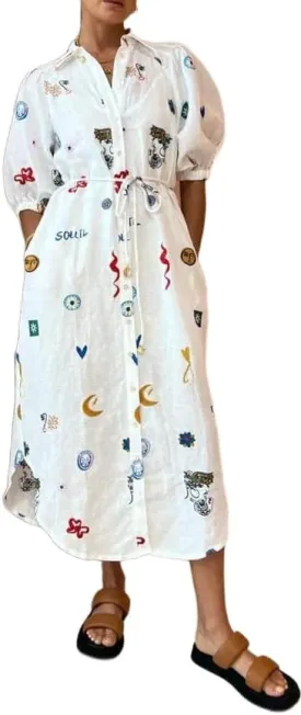 Melliflo Womens Boho Floral Polo Dresses Short Puff Sleeve Button Front Tie Waist Flowy Holiday Midi Dress
