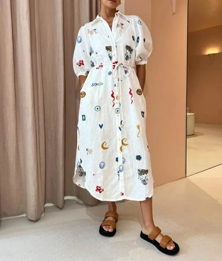 Melliflo Womens Boho Floral Polo Dresses Short Puff Sleeve Button Front Tie Waist Flowy Holiday Midi Dress