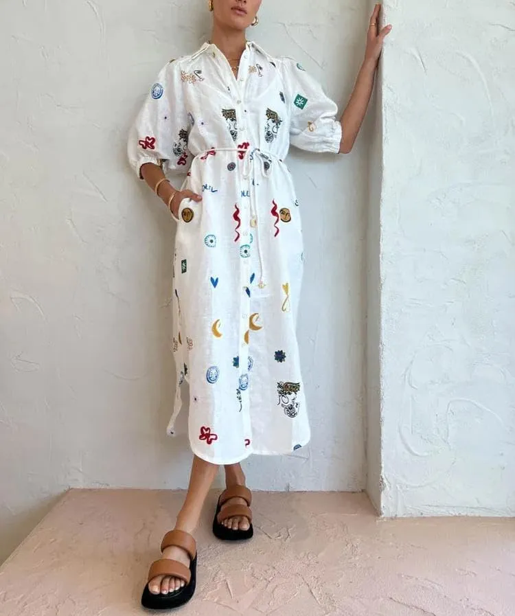 Melliflo Womens Boho Floral Polo Dresses Short Puff Sleeve Button Front Tie Waist Flowy Holiday Midi Dress
