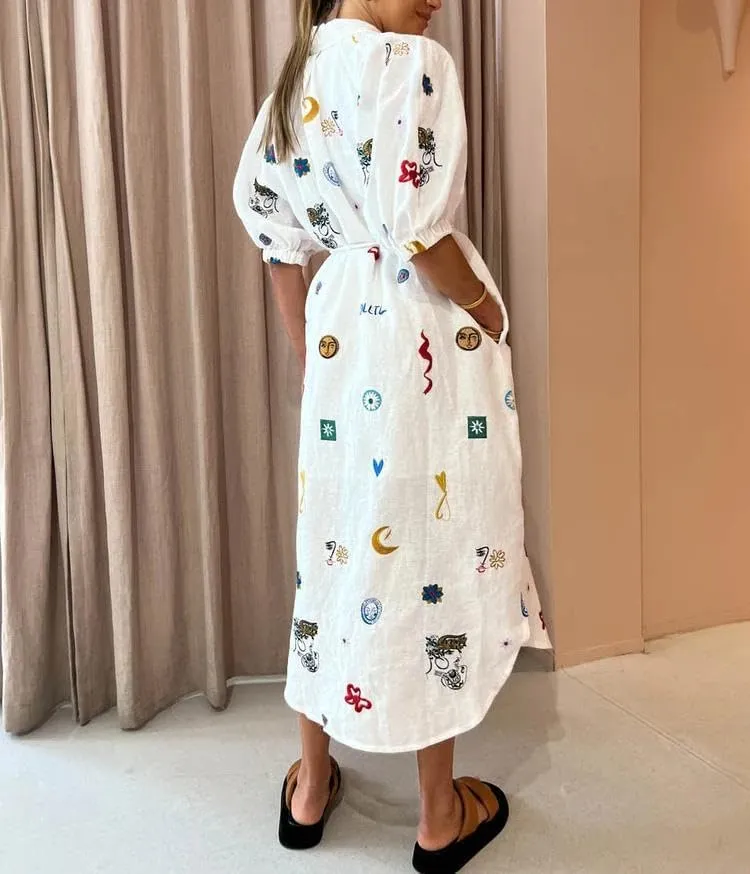 Melliflo Womens Boho Floral Polo Dresses Short Puff Sleeve Button Front Tie Waist Flowy Holiday Midi Dress