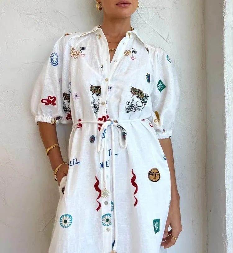 Melliflo Womens Boho Floral Polo Dresses Short Puff Sleeve Button Front Tie Waist Flowy Holiday Midi Dress