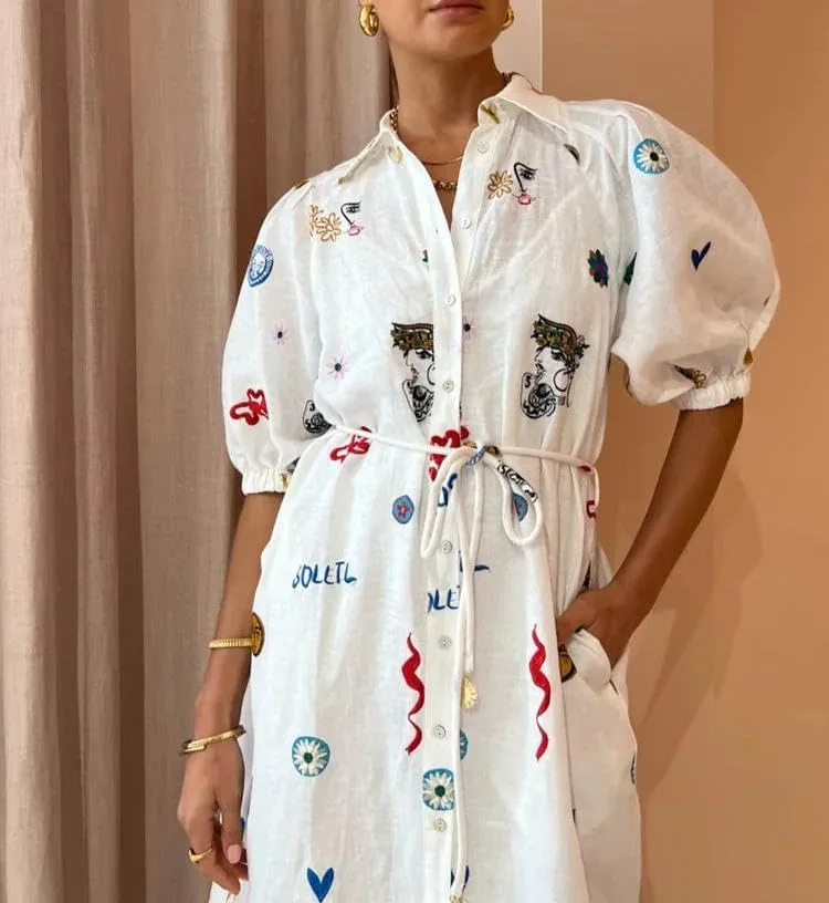 Melliflo Womens Boho Floral Polo Dresses Short Puff Sleeve Button Front Tie Waist Flowy Holiday Midi Dress