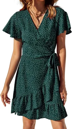 Naggoo Women's Summer Wrap V Neck Polka Dot Print Ruffle Short Sleeve Mini Floral Dress with Belt