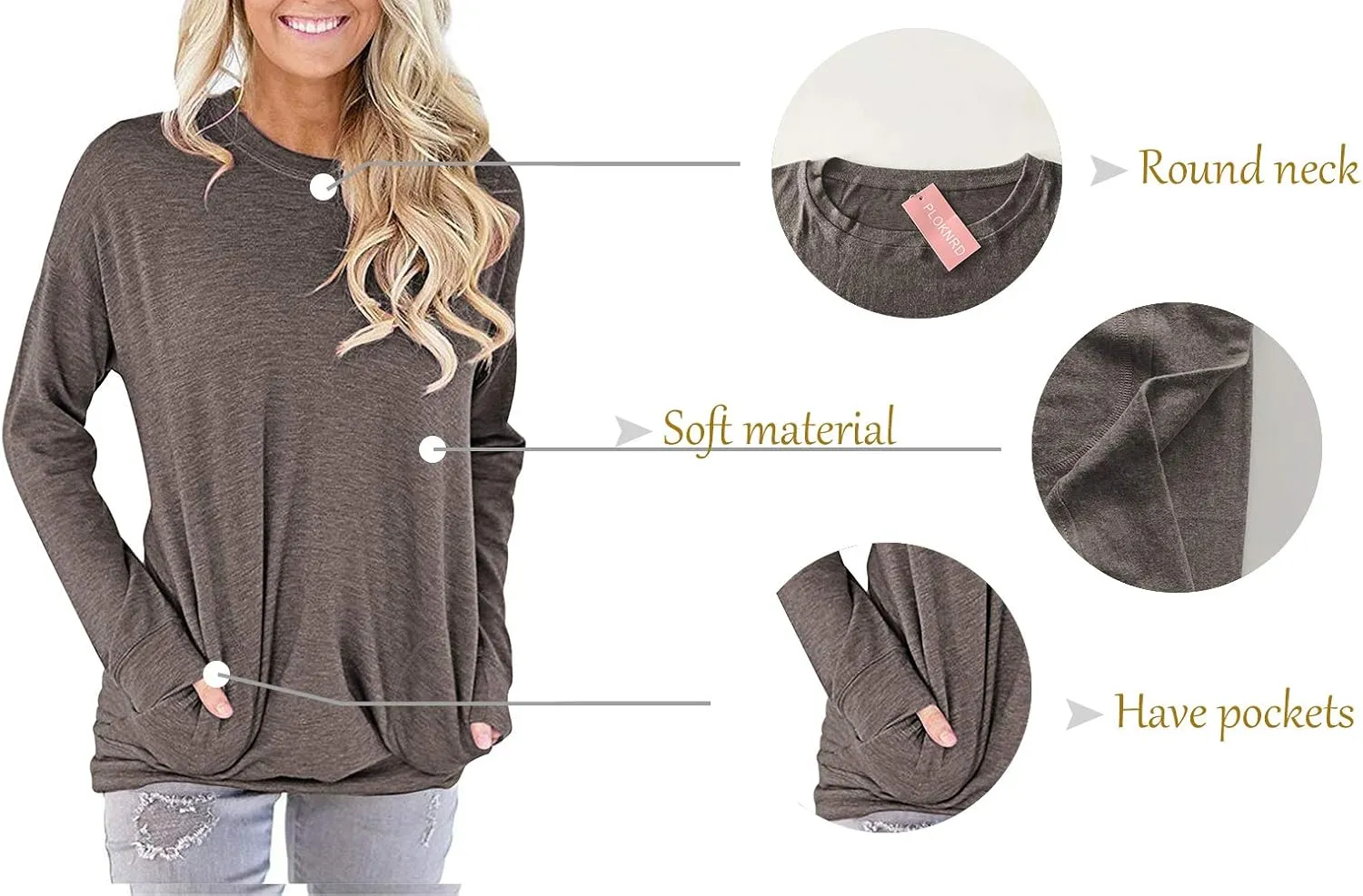 PLOKNRD Women Casual Round Neck Long Sleeve Fit Tunic Top Baggy Comfy Blouse with Pockets
