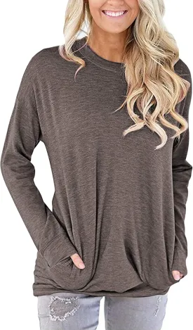 PLOKNRD Women Casual Round Neck Long Sleeve Fit Tunic Top Baggy Comfy Blouse with Pockets