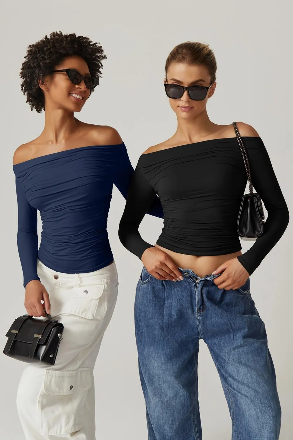 QINSEN Womens Off Shoulder Long Sleeve Tops Ruched Going Out Crop Slim Fitted Double Lined Shirts