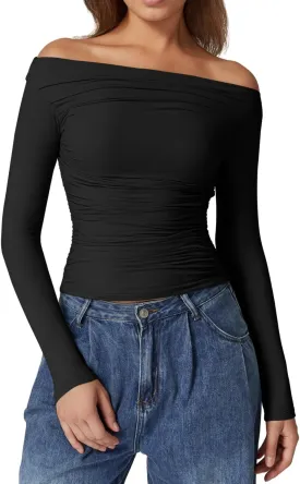 QINSEN Womens Off Shoulder Long Sleeve Tops Ruched Going Out Crop Slim Fitted Double Lined Shirts