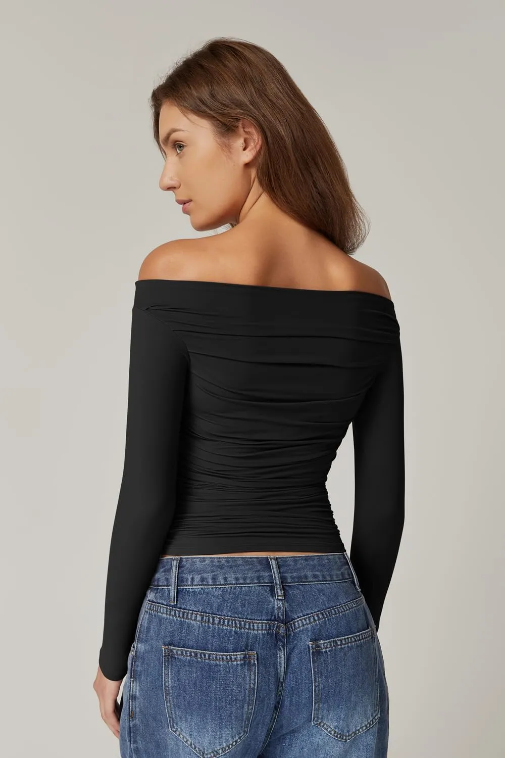 QINSEN Womens Off Shoulder Long Sleeve Tops Ruched Going Out Crop Slim Fitted Double Lined Shirts