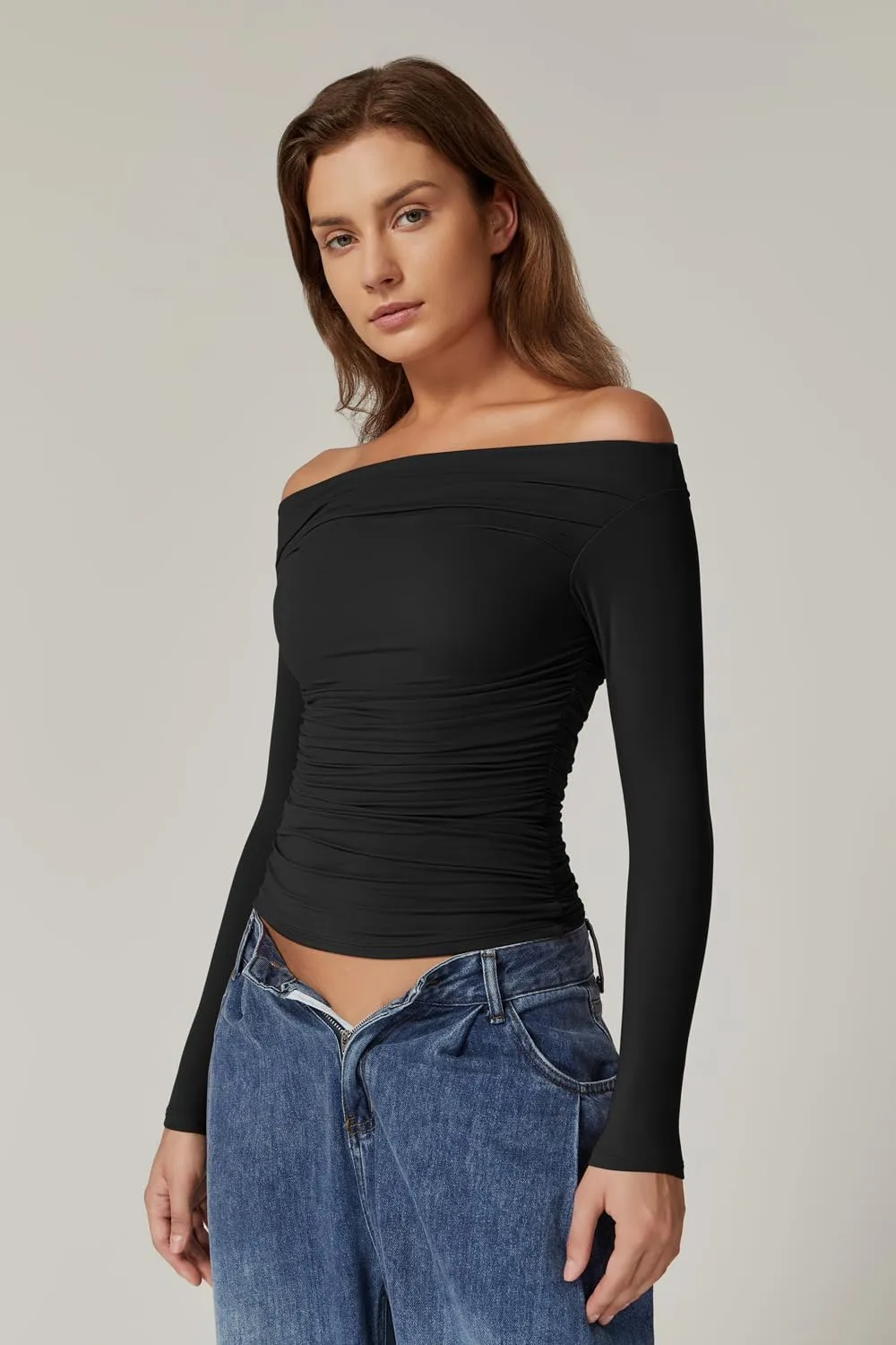 QINSEN Womens Off Shoulder Long Sleeve Tops Ruched Going Out Crop Slim Fitted Double Lined Shirts