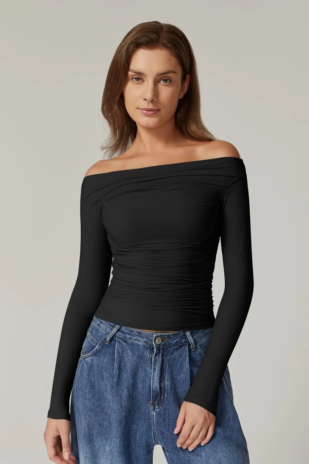 QINSEN Womens Off Shoulder Long Sleeve Tops Ruched Going Out Crop Slim Fitted Double Lined Shirts