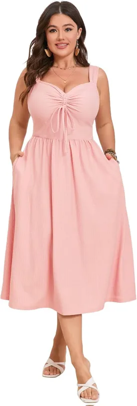 ShopWonder Plus Size Summer Dress for Women Sleeveless Spaghetti Strap V Neck Tie Front A Line Casual Beach Midi Dress
