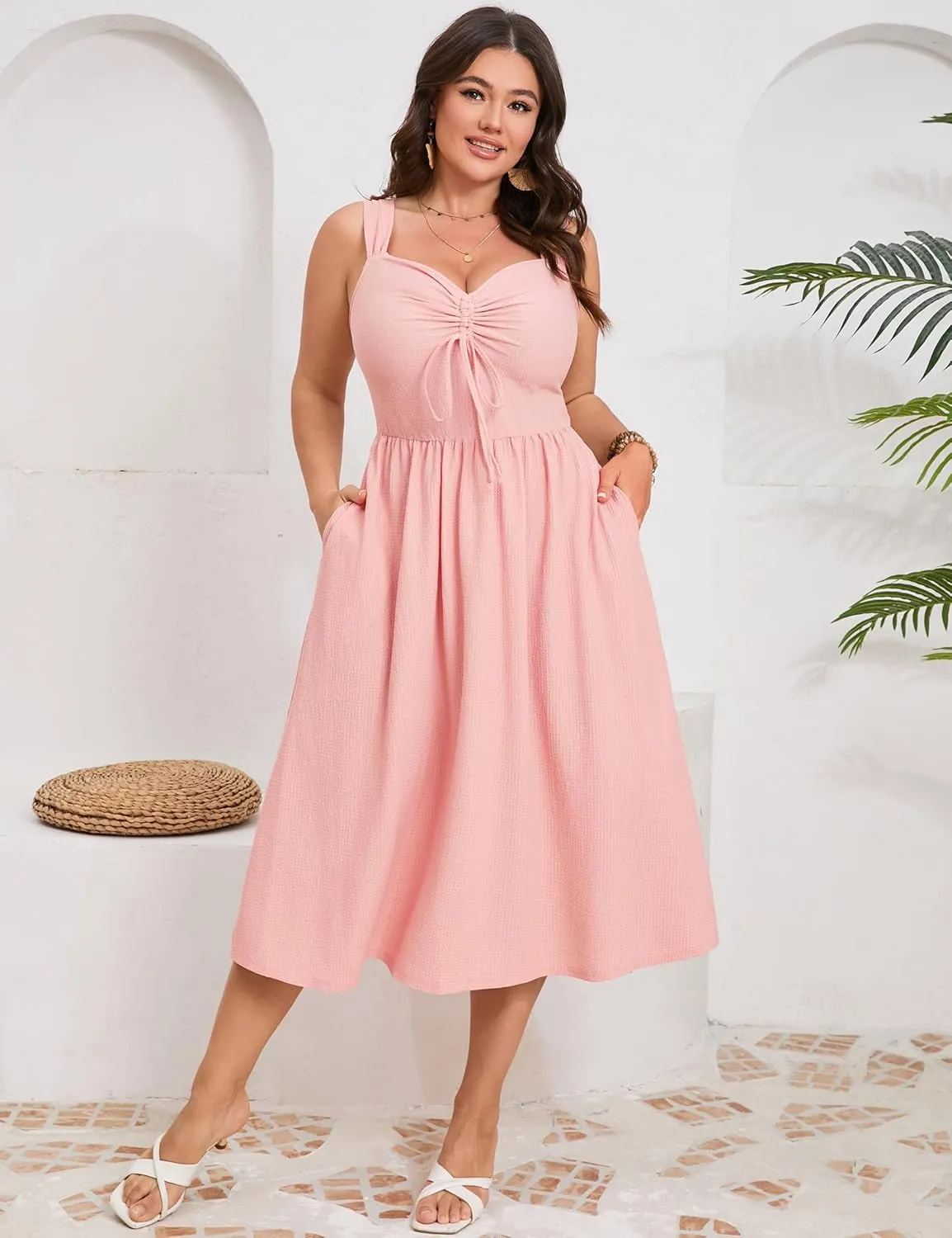 ShopWonder Plus Size Summer Dress for Women Sleeveless Spaghetti Strap V Neck Tie Front A Line Casual Beach Midi Dress