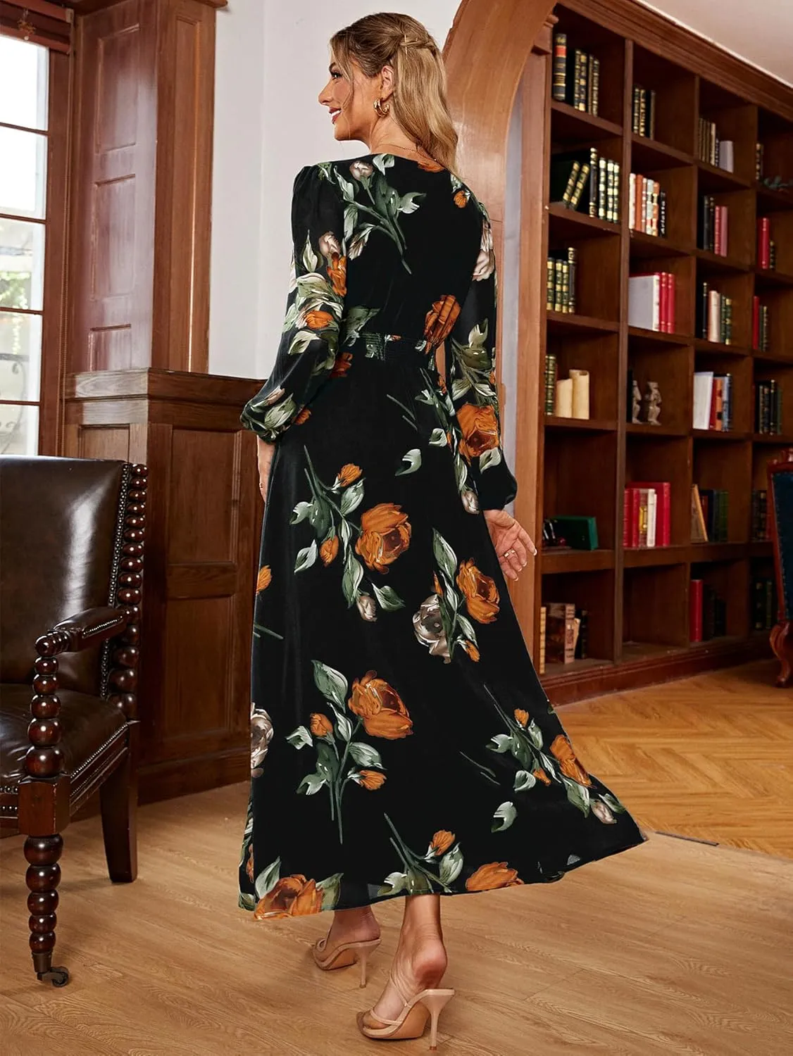 Simplee Women's Boho Floral Maxi Dress Flowy Casual V Neck Short Sleeve Wedding Guest Holiday Beach Long Dress