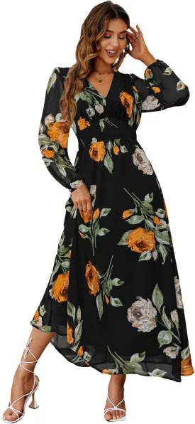 Simplee Women's Boho Floral Maxi Dress Flowy Casual V Neck Short Sleeve Wedding Guest Holiday Beach Long Dress