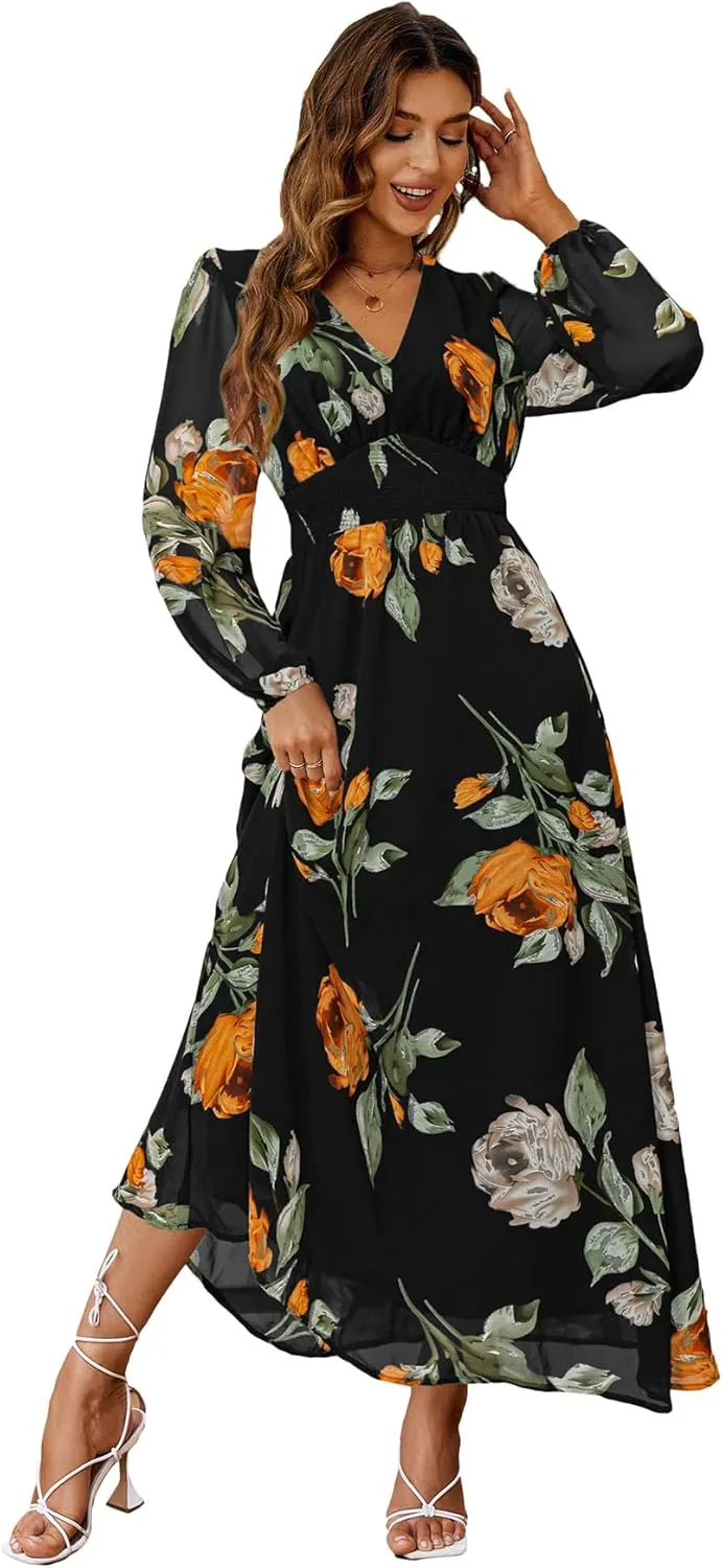 Simplee Women's Boho Floral Maxi Dress Flowy Casual V Neck Short Sleeve Wedding Guest Holiday Beach Long Dress