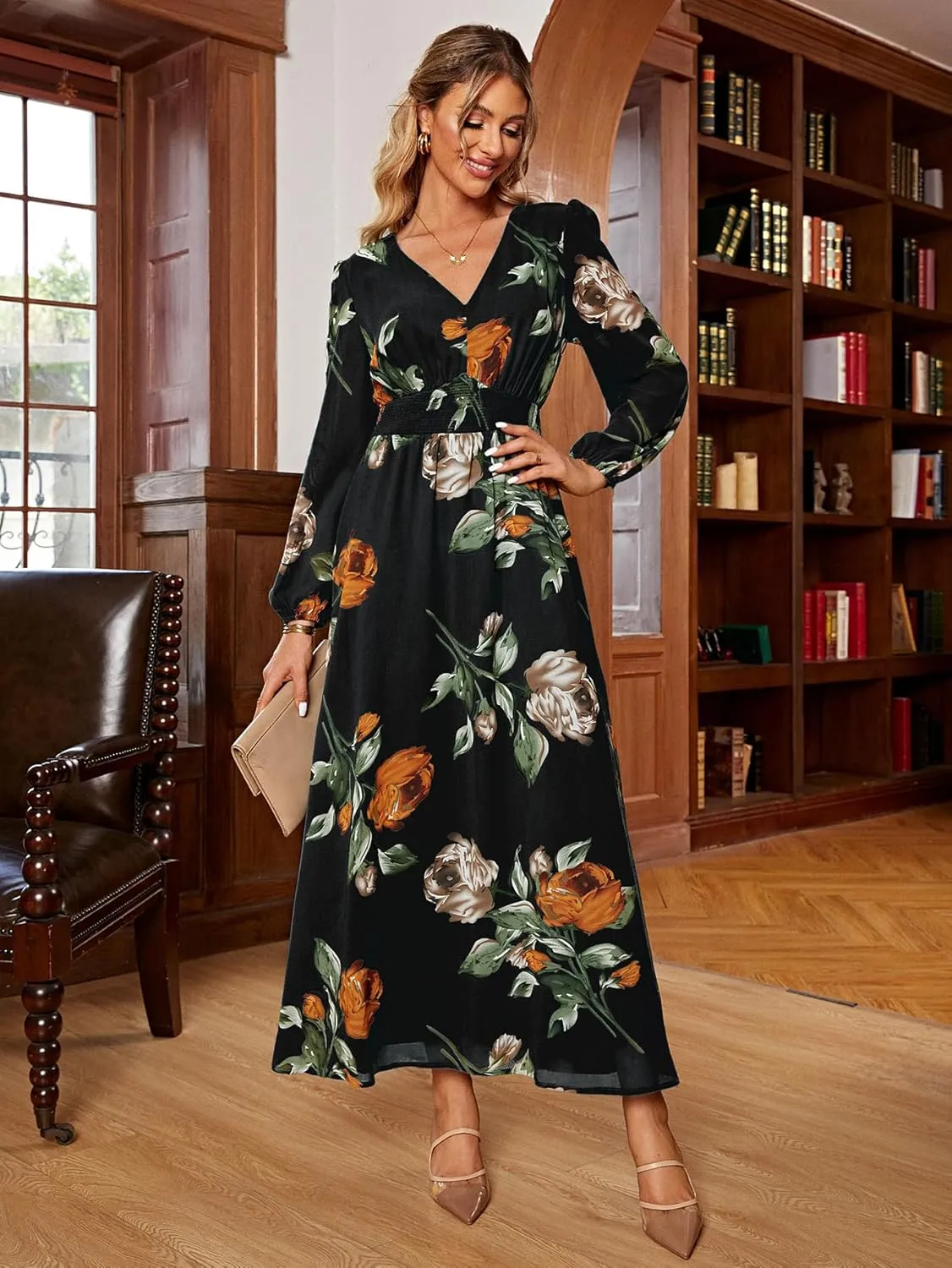 Simplee Women's Boho Floral Maxi Dress Flowy Casual V Neck Short Sleeve Wedding Guest Holiday Beach Long Dress