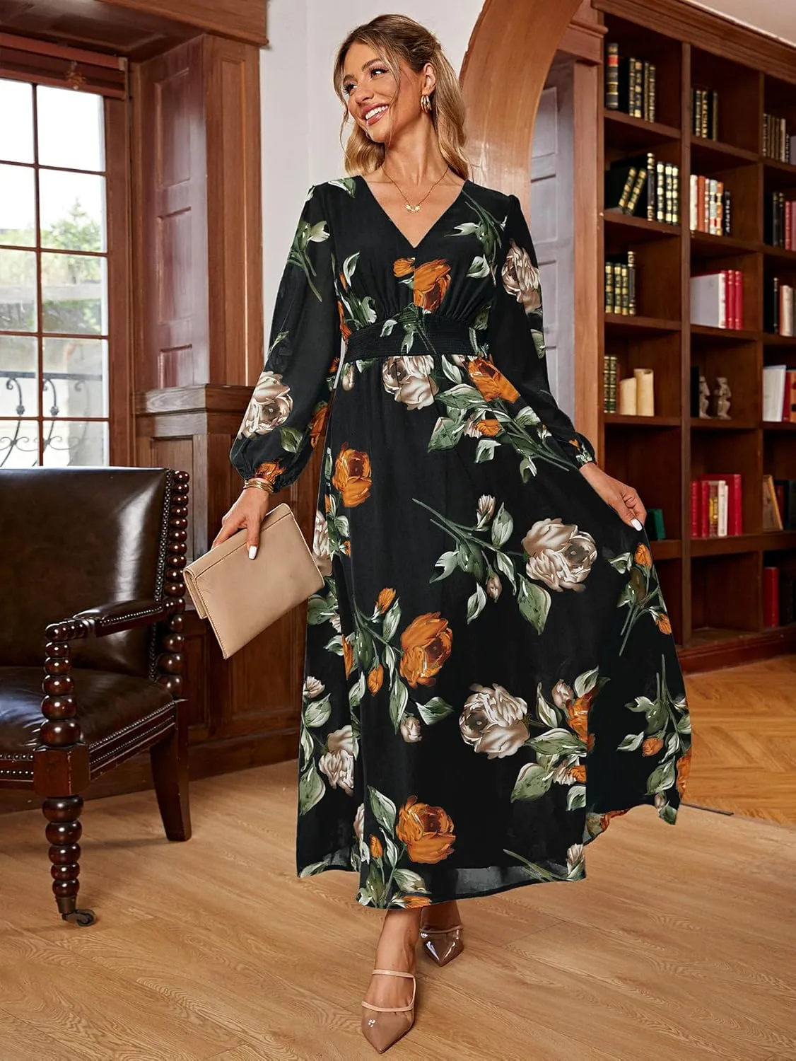 Simplee Women's Boho Floral Maxi Dress Flowy Casual V Neck Short Sleeve Wedding Guest Holiday Beach Long Dress