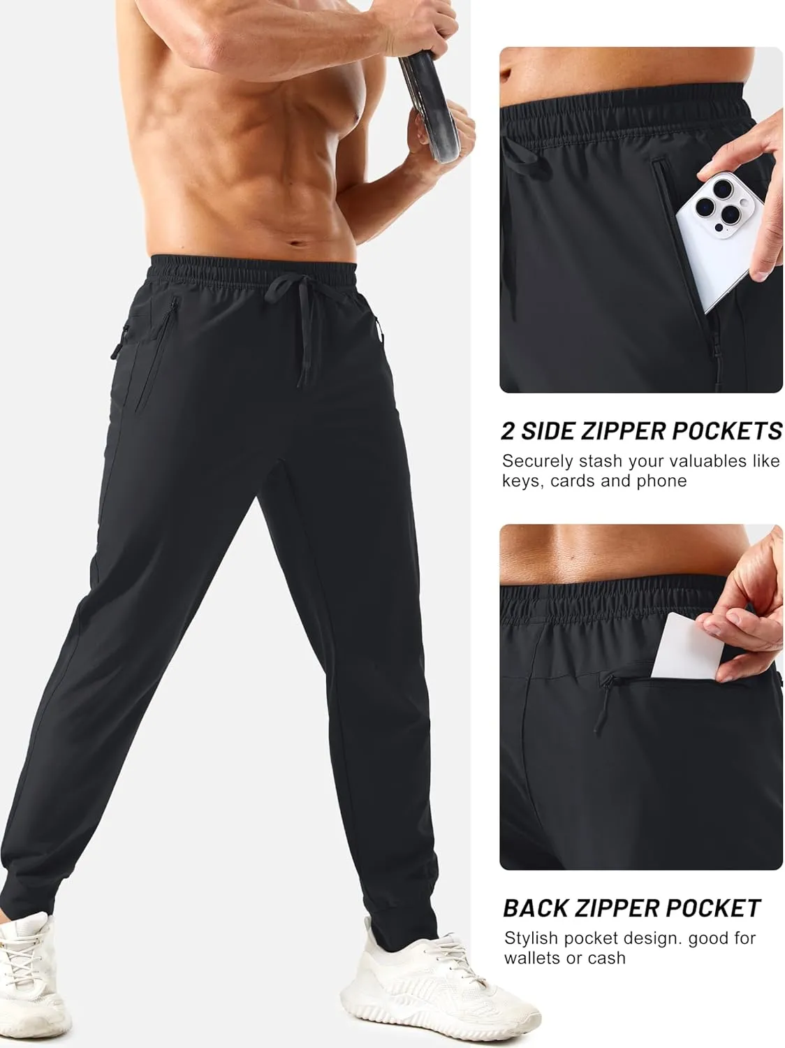 TACVASEN Men's Lightweight Athletic Joggers with Zipper Pockets Quick Dry Track Pants for Men Gym Sweatpants Workout Golf
