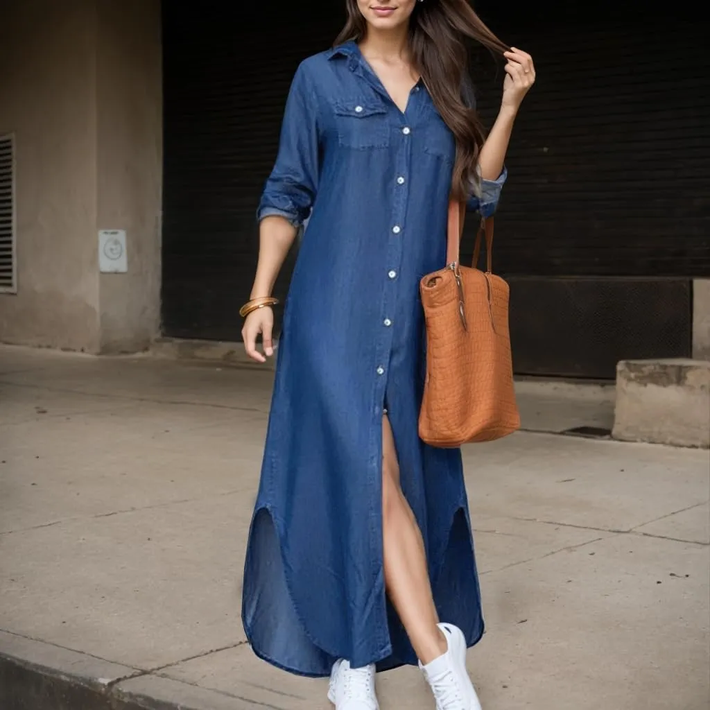 TIAFORD Womens Casual Graphic Long Sleeve Button Down Maxi Dress Side Slit Loose Fit Long Shirt Dresses with 2 Pockets