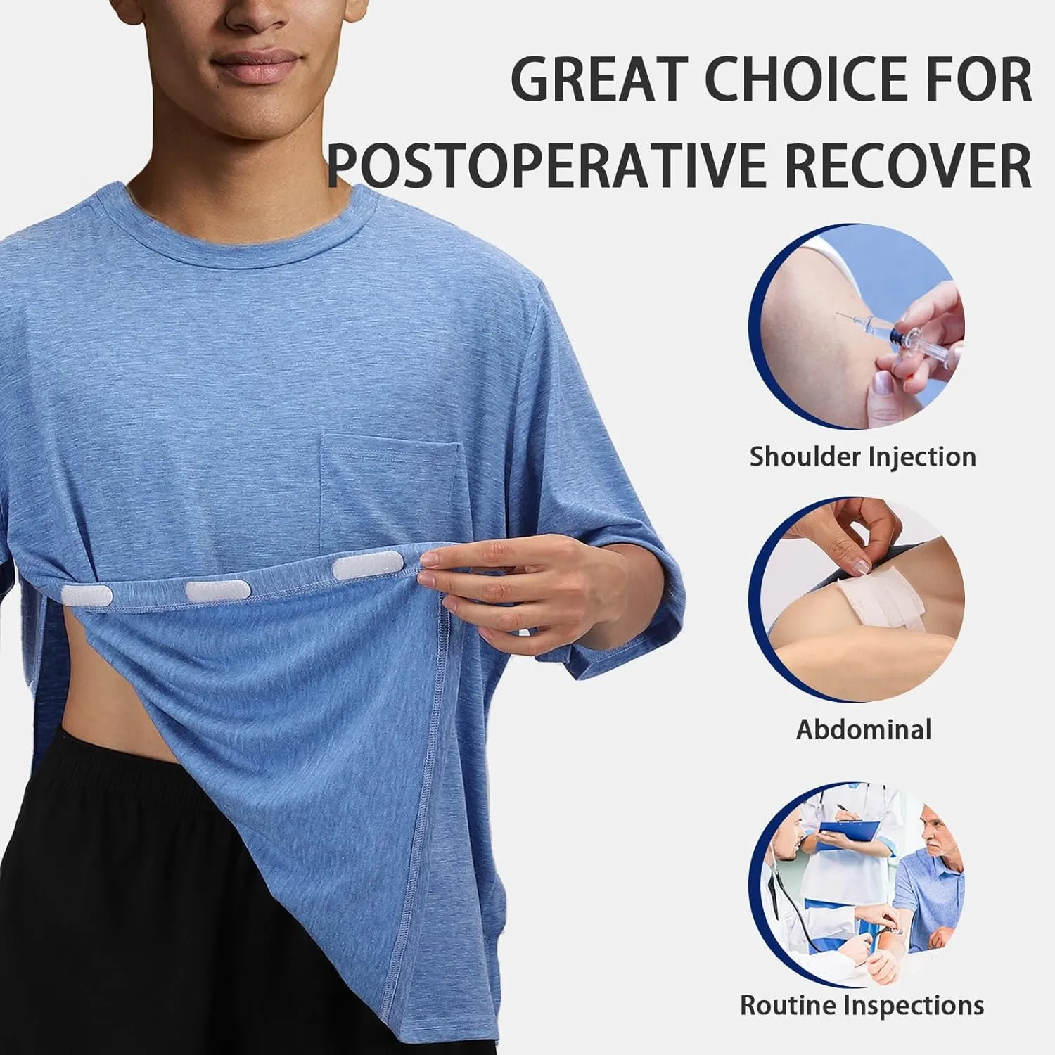 Unisex Post Shoulder Surgery Shirts Recovery Tear Away Short Sleeve Chemo Clothing with Stick On Fasteners, Convenient