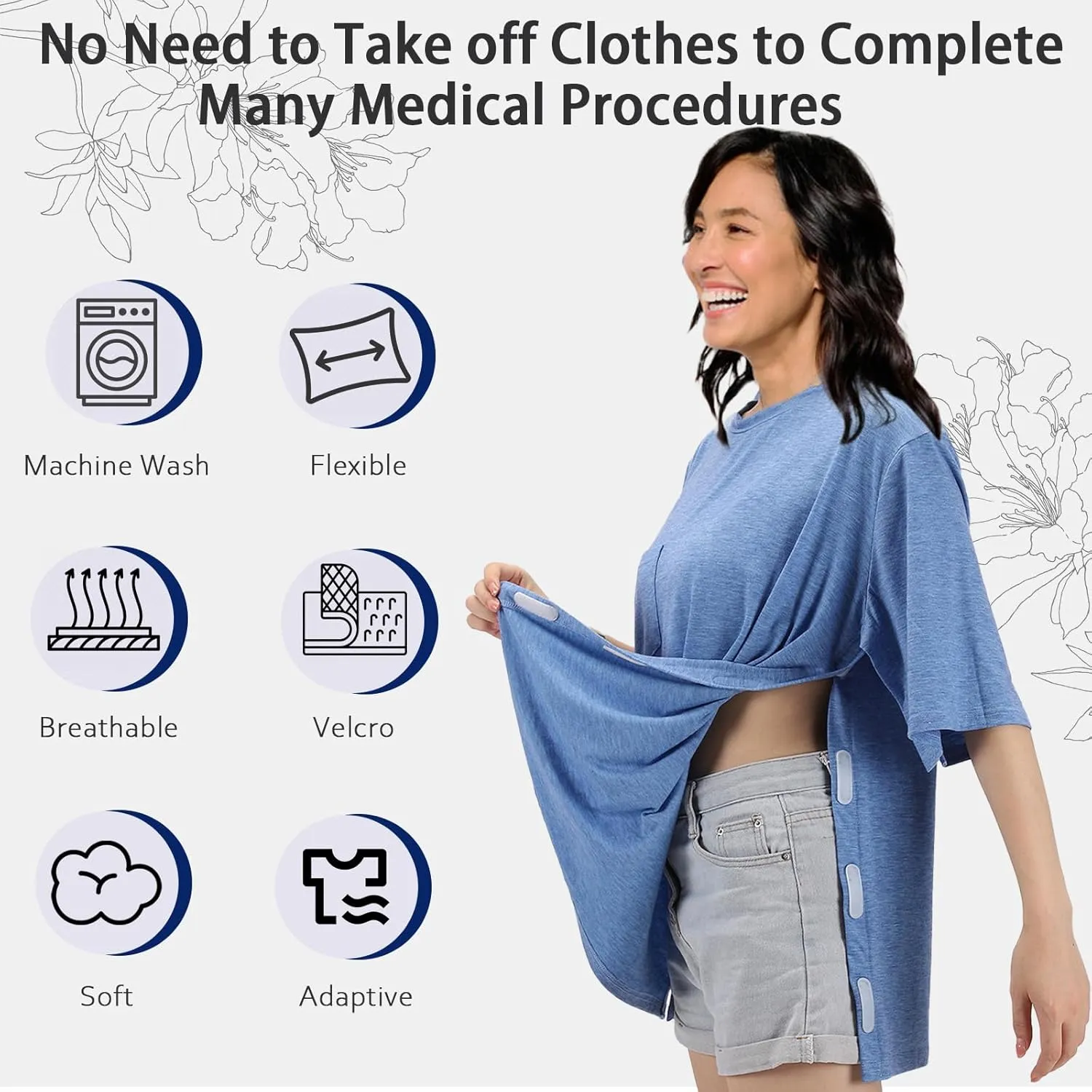 Unisex Post Shoulder Surgery Shirts Recovery Tear Away Short Sleeve Chemo Clothing with Stick On Fasteners, Convenient
