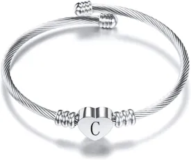 VQYSKO Silver Heart Initials Bracelet-A-Z Stainless Steel Engraved Charm Bracelet, Woman Jewelry Birthday Festival Gift