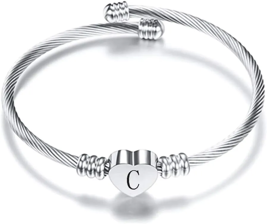 VQYSKO Silver Heart Initials Bracelet-A-Z Stainless Steel Engraved Charm Bracelet, Woman Jewelry Birthday Festival Gift
