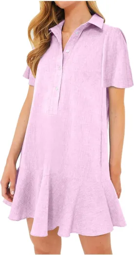 Women's Button Down Shirt Dress Summer Casual Short Sleeve Cotton Linen Ruffle Shift Mini Dresses