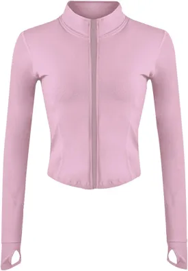 Women's Full Zip Lightweight Running Yoga Slim Fit Cropped Bbl Jacket Workout Sportwear With Thumb Holes