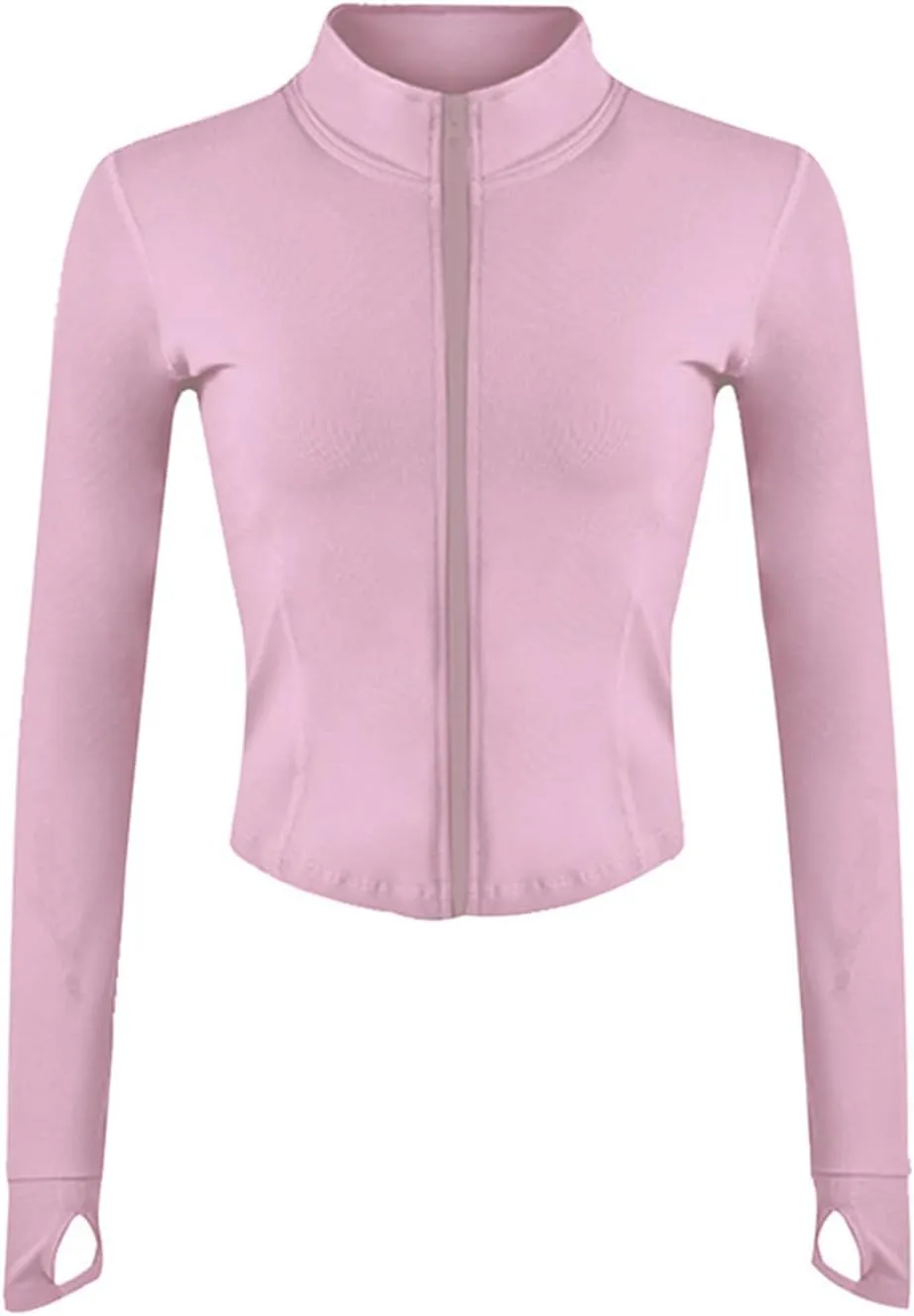 Women's Full Zip Lightweight Running Yoga Slim Fit Cropped Bbl Jacket Workout Sportwear With Thumb Holes