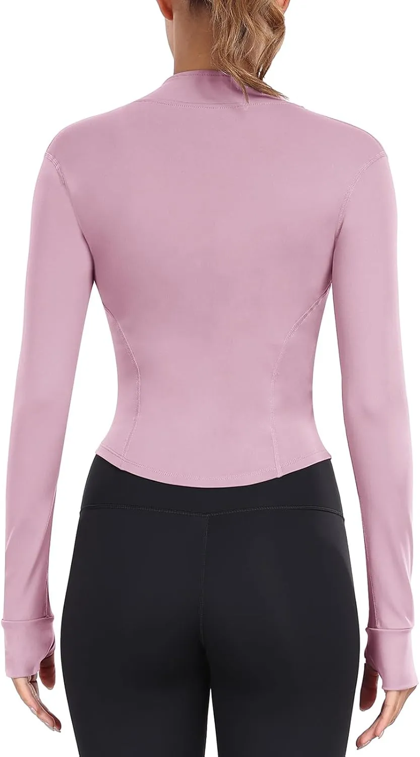 Women's Full Zip Lightweight Running Yoga Slim Fit Cropped Bbl Jacket Workout Sportwear With Thumb Holes