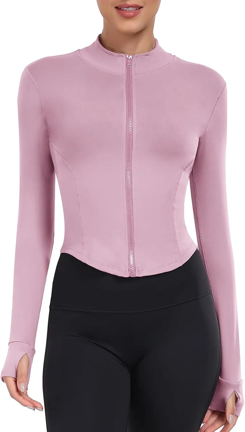 Women's Full Zip Lightweight Running Yoga Slim Fit Cropped Bbl Jacket Workout Sportwear With Thumb Holes