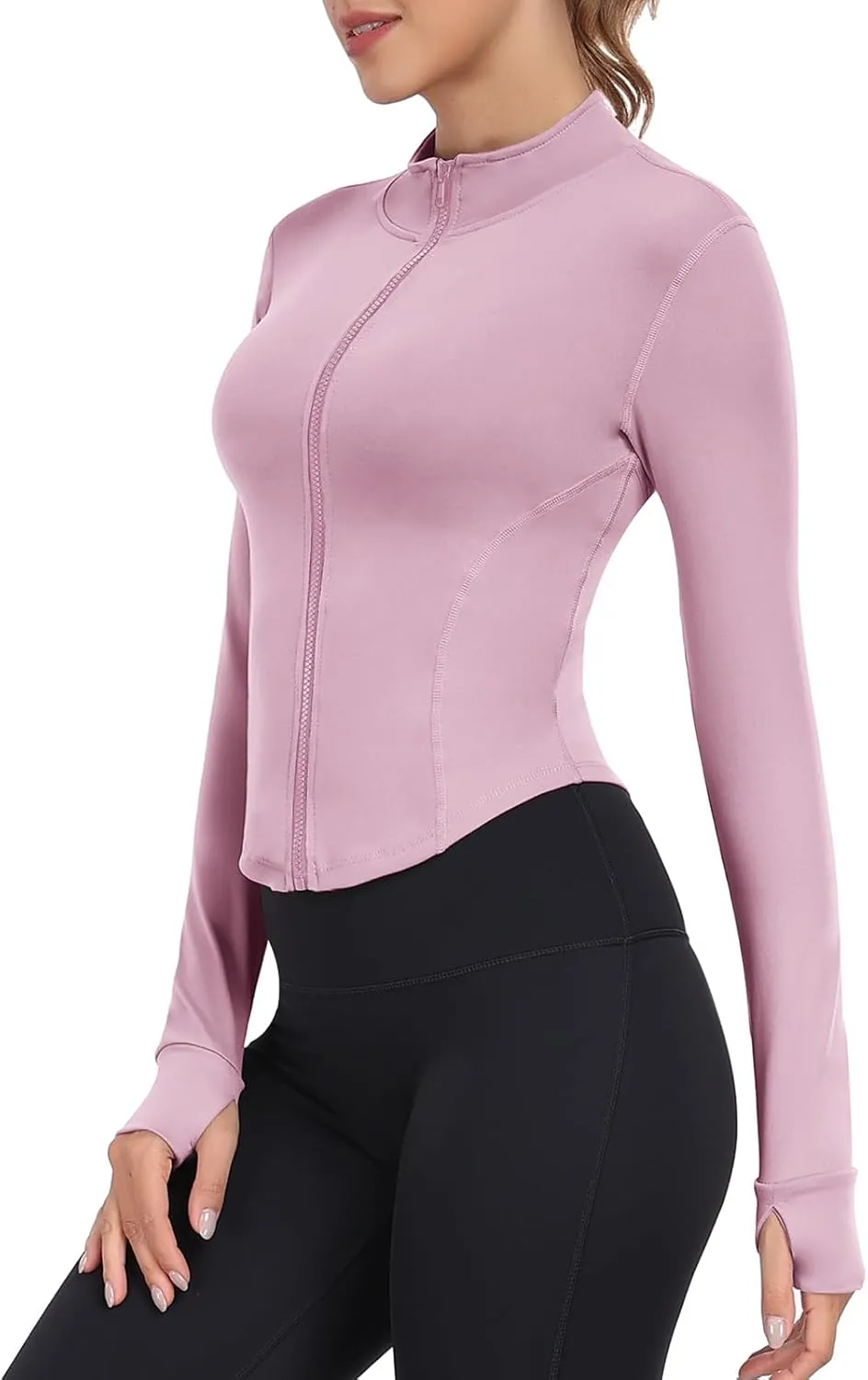 Women's Full Zip Lightweight Running Yoga Slim Fit Cropped Bbl Jacket Workout Sportwear With Thumb Holes
