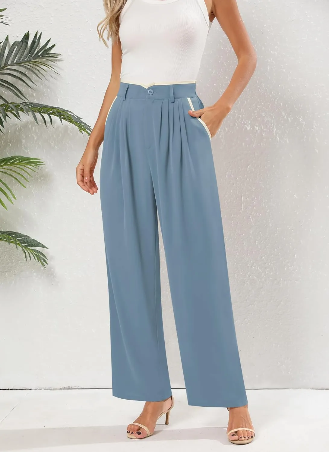 Women's Wide Leg Casual Business Pants with Pockets Pleated Flowy High Waisted Holiday Trousers Pants for Women