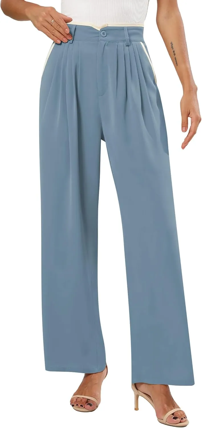 Women's Wide Leg Casual Business Pants with Pockets Pleated Flowy High Waisted Holiday Trousers Pants for Women