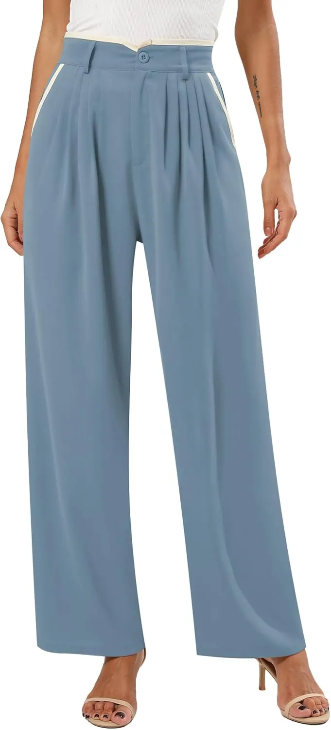 Women's Wide Leg Casual Business Pants with Pockets Pleated Flowy High Waisted Holiday Trousers Pants for Women