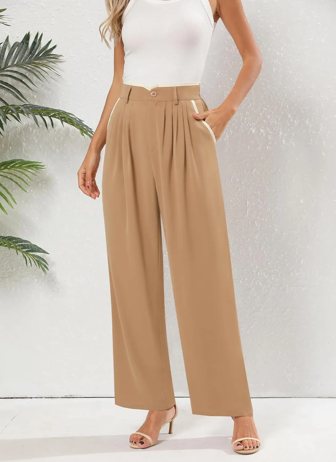 Women's Wide Leg Casual Business Pants with Pockets Pleated Flowy High Waisted Holiday Trousers Pants for Women