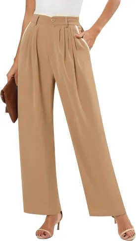 Women's Wide Leg Casual Business Pants with Pockets Pleated Flowy High Waisted Holiday Trousers Pants for Women