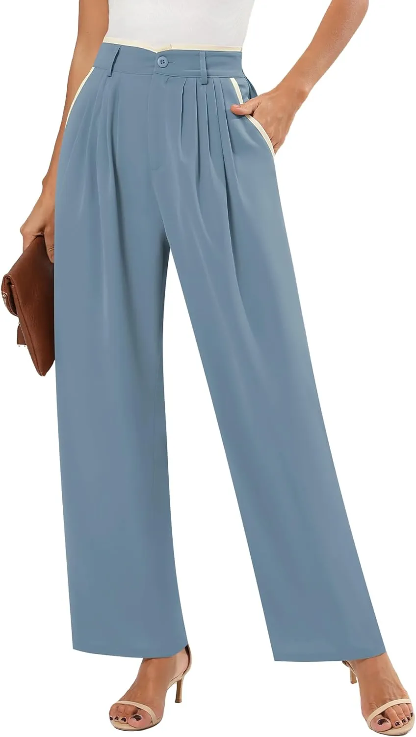 Women's Wide Leg Casual Business Pants with Pockets Pleated Flowy High Waisted Holiday Trousers Pants for Women