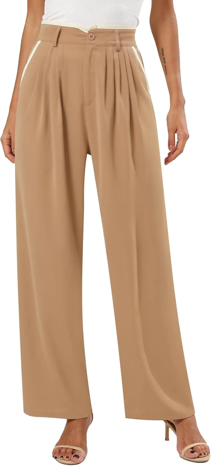 Women's Wide Leg Casual Business Pants with Pockets Pleated Flowy High Waisted Holiday Trousers Pants for Women