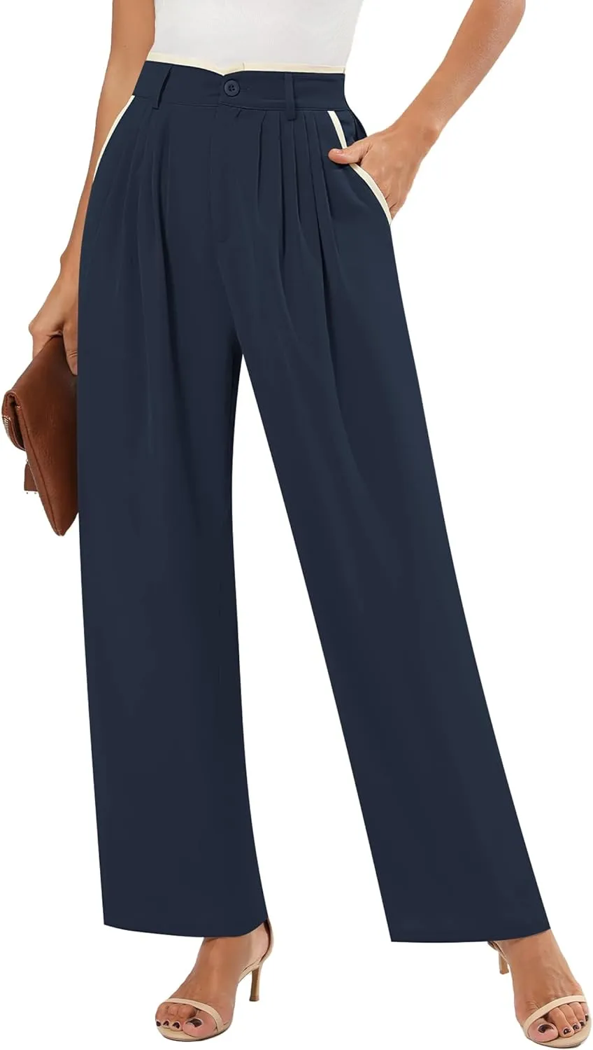 Women's Wide Leg Casual Business Pants with Pockets Pleated Flowy High Waisted Holiday Trousers Pants for Women