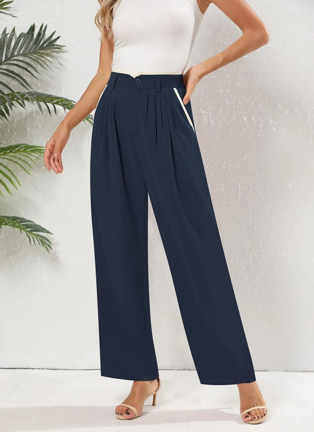 Women's Wide Leg Casual Business Pants with Pockets Pleated Flowy High Waisted Holiday Trousers Pants for Women