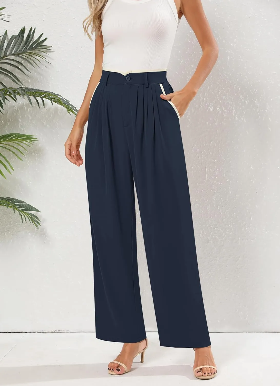 Women's Wide Leg Casual Business Pants with Pockets Pleated Flowy High Waisted Holiday Trousers Pants for Women