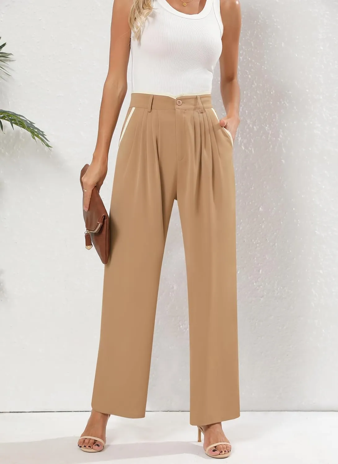 Women's Wide Leg Casual Business Pants with Pockets Pleated Flowy High Waisted Holiday Trousers Pants for Women