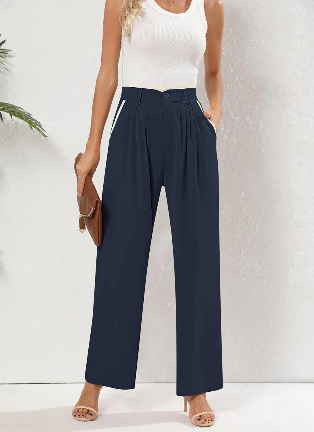 Women's Wide Leg Casual Business Pants with Pockets Pleated Flowy High Waisted Holiday Trousers Pants for Women